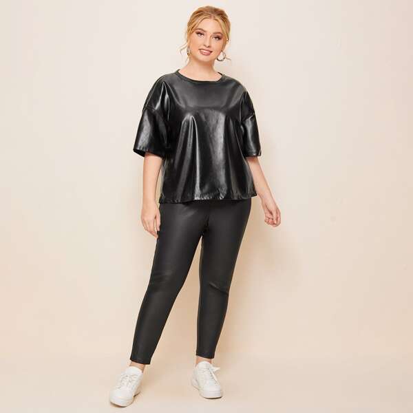

Plus Drop Shoulder PU Leather Top & Leggings Set, Black