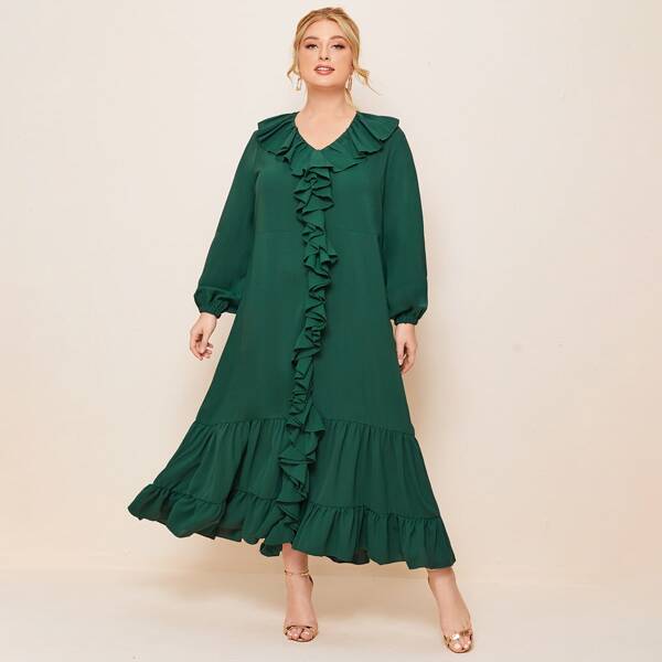 

Plus Bishop Sleeve Ruffle Trim Smock Dress, Green