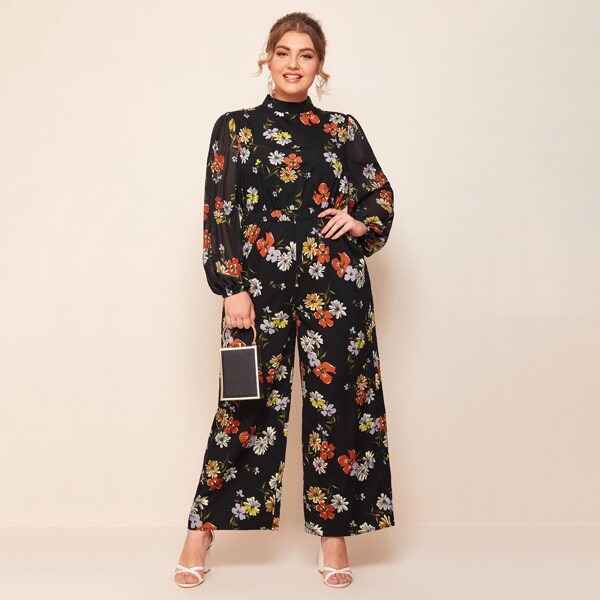 

Plus Mock-Neck Lantern Sleeve Wide Leg Floral Jumpsuit, Black