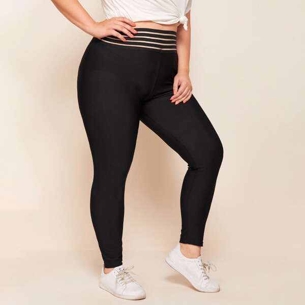 

Plus Striped Waistband Leggings, Black