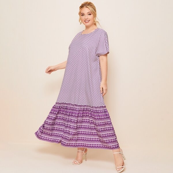 

Plus Frill Detail Flounce Hem Plaid Maxi Dress, Violet purple