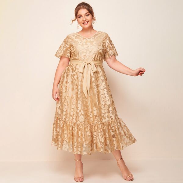 

Plus Self Belt Flounce Hem Lace Dress, Apricot
