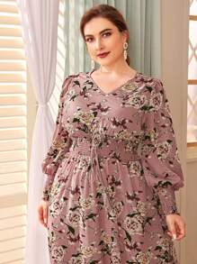 Mulvari 大碼打褶腰荷葉邊下擺花卉圖案超長連衣裙 - 藕粉色 - 查看 3