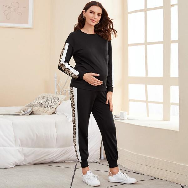 

Maternity Drop Shoulder Leopard Colorblock Side Pullover & Joggers Set, Black