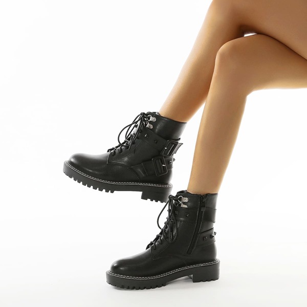 

Rivet & Buckle Decor Combat Boots, Black