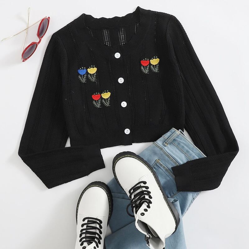 

Button Front Floral Embroidery Cardigan, Black