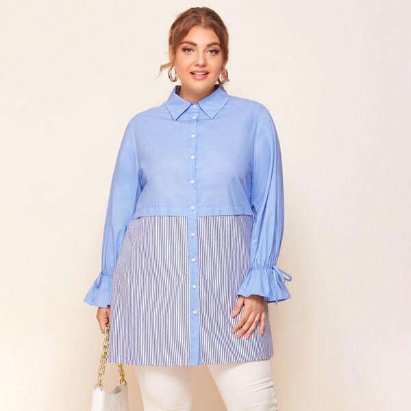 

Plus Knot Flounce Sleeve Striped Panel Blouse, Baby blue