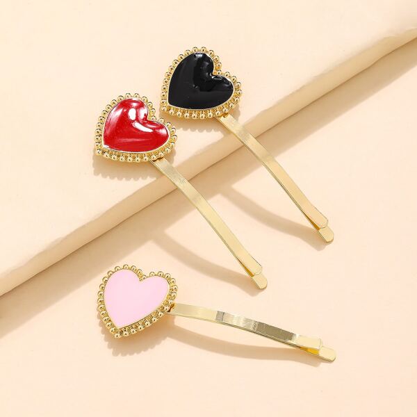 

3pcs Heart Decor Bobby Pin, Multicolor