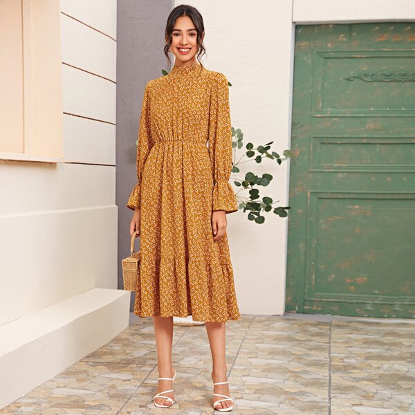 

Ditsy Floral Flounce Sleeve Ruffle Hem Dress, Mustard yellow