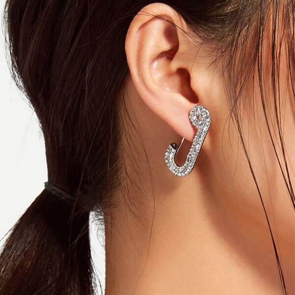 

Rhinestone Decor Safety Pin Design Hoop Earrings, Silver