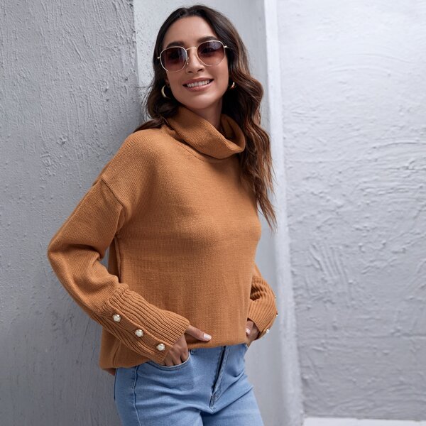 

Drop Shoulder Buttoned Cuff Sweater, Brown