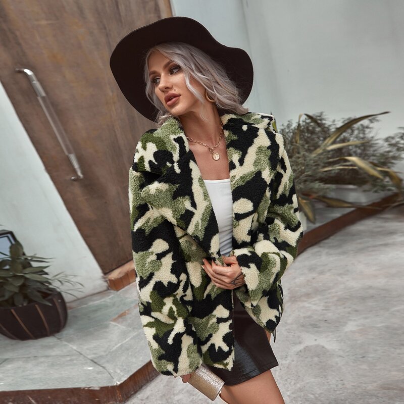 

Lapel Collar Camo Print Teddy Coat, Multicolor