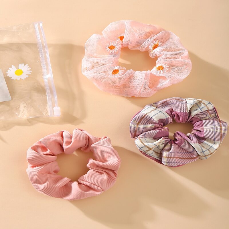 

3pcs Floral & Plaid Scrunchie, Pink