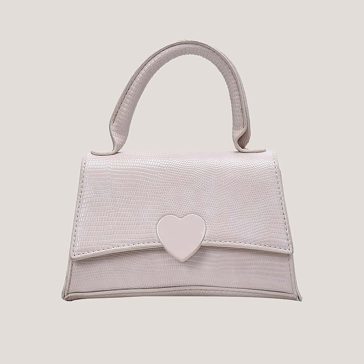 

Heart Croc Embossed Satchel Bag, Beige
