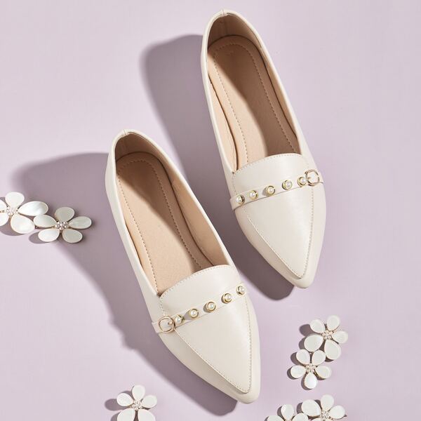 

Faux Pearl Decor Point Toe Loafers, Beige