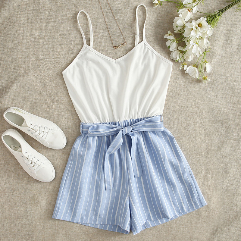

Striped Belted Cami Romper, Multicolor