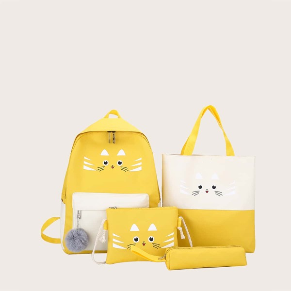 

4pcs Girls Cartoon Graphic Backpack Set, Yellow