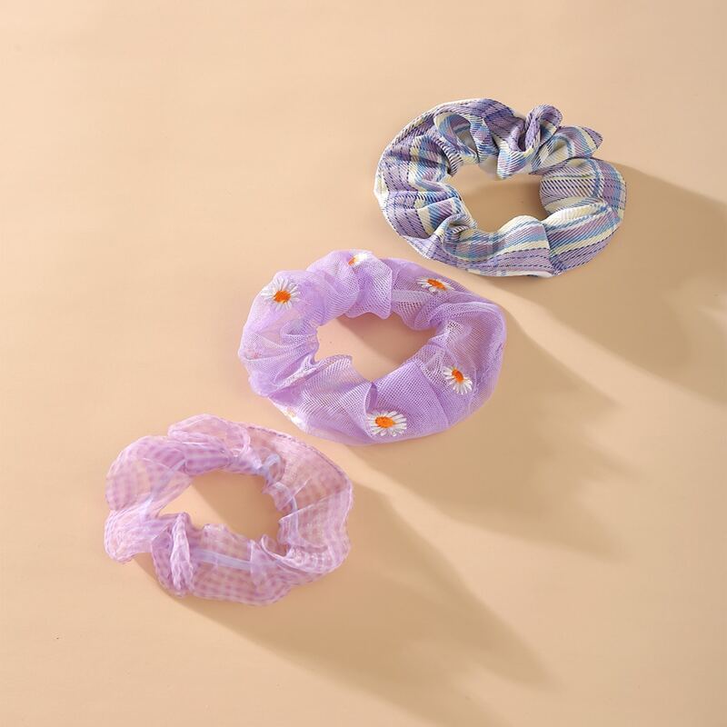 

3pcs Floral & Plaid Scrunchie, Purple