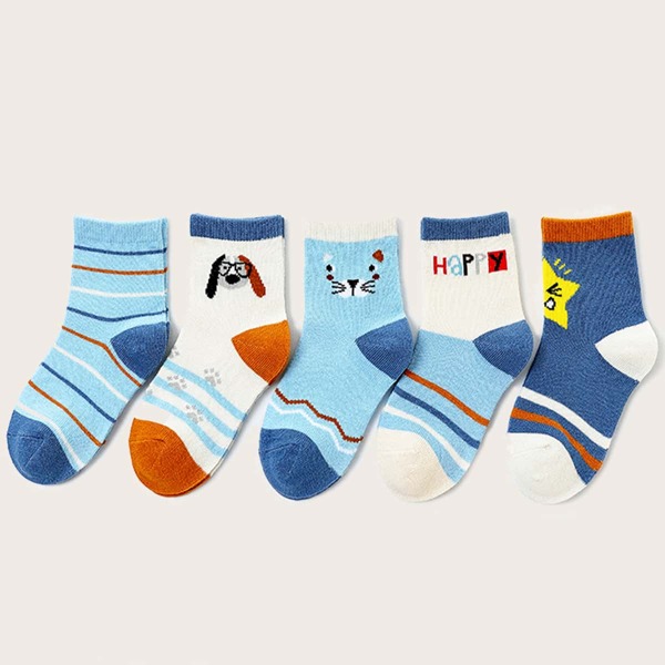 

5pairs Toddler Boys Cartoon Graphic Socks, Blue and white
