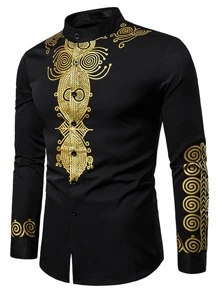 Manfinity AFTRDRK Men Baroque Print Button Front Shirt - Black - View 1