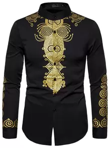 Manfinity AFTRDRK Men Baroque Print Button Front Shirt - Black - View 3