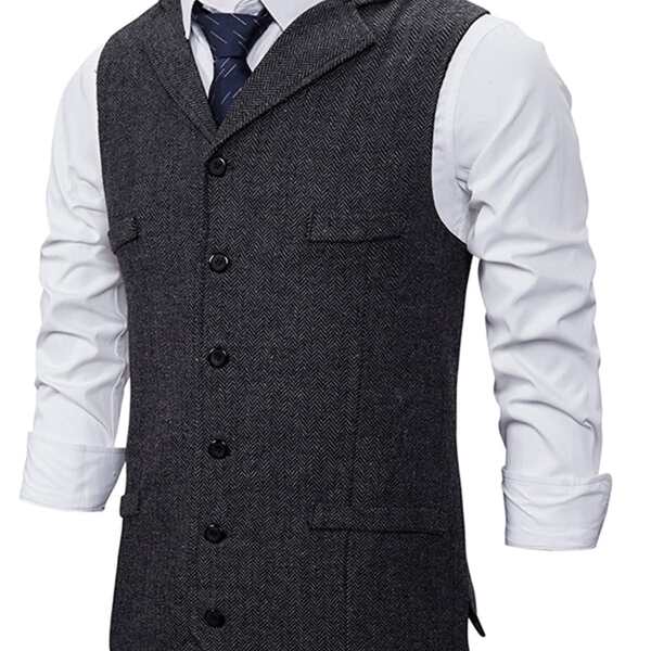 

Men Lapel Collar Button Up Blazer Vest Without Tie Shirt, Dark grey