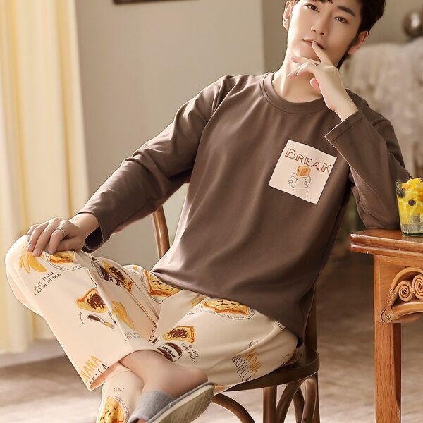 

Men Slogan And Graphic Print PJ Set, Multicolor