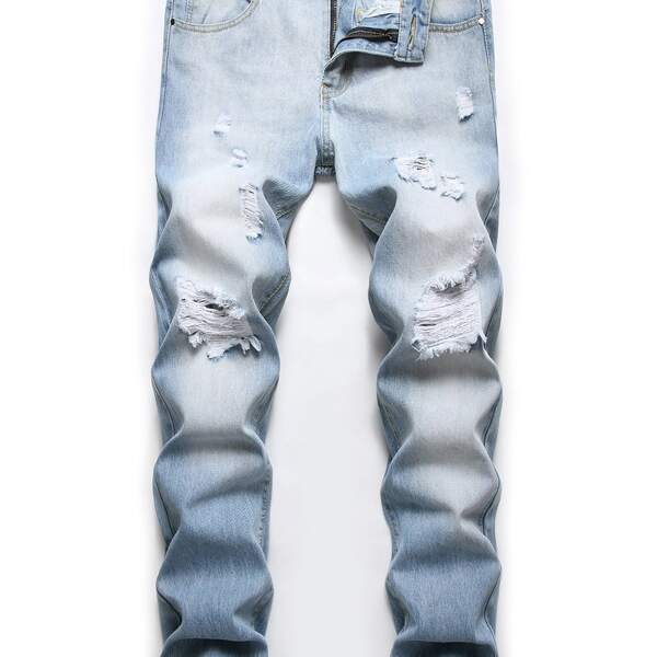 

Men Ripped Zipper Fly Skinny Jeans, Light wash