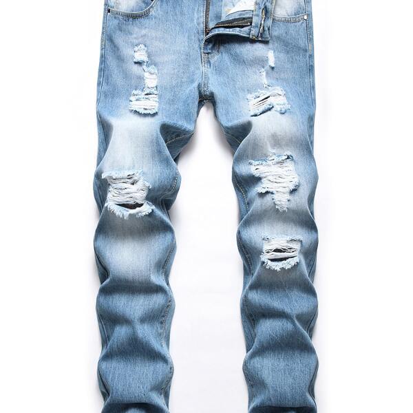 

Men Ripped Zipper Fly Skinny Jeans, Light wash