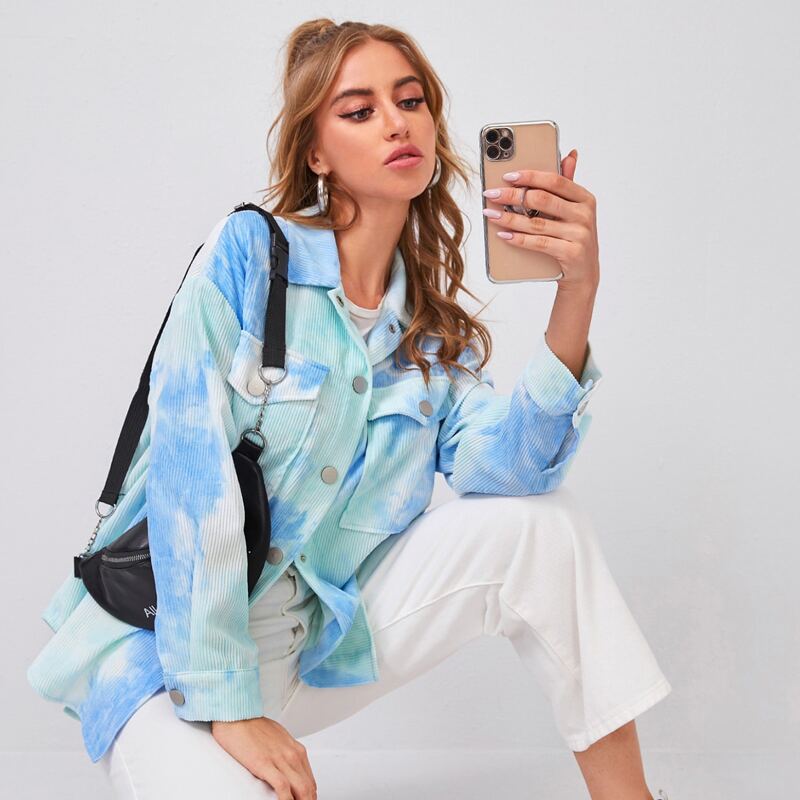 

Flap Pocket Tie Dye Corduroy Coat, Multicolor