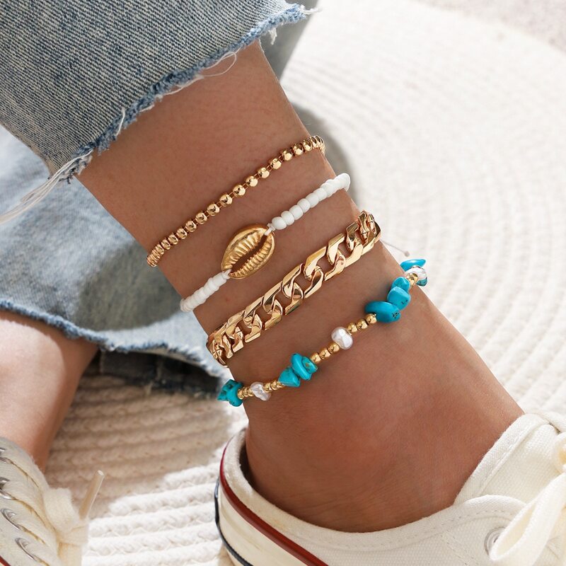 

4pcs Beaded Chain Anklet, Multicolor