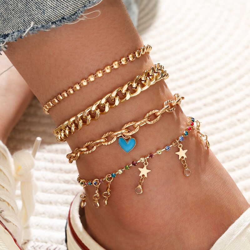 

4pcs Rhinestone Chain Anklet, Gold