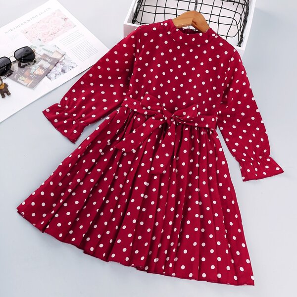 

Toddler Girls Polka Dot Self Tie Pleated Hem Dress, Burgundy