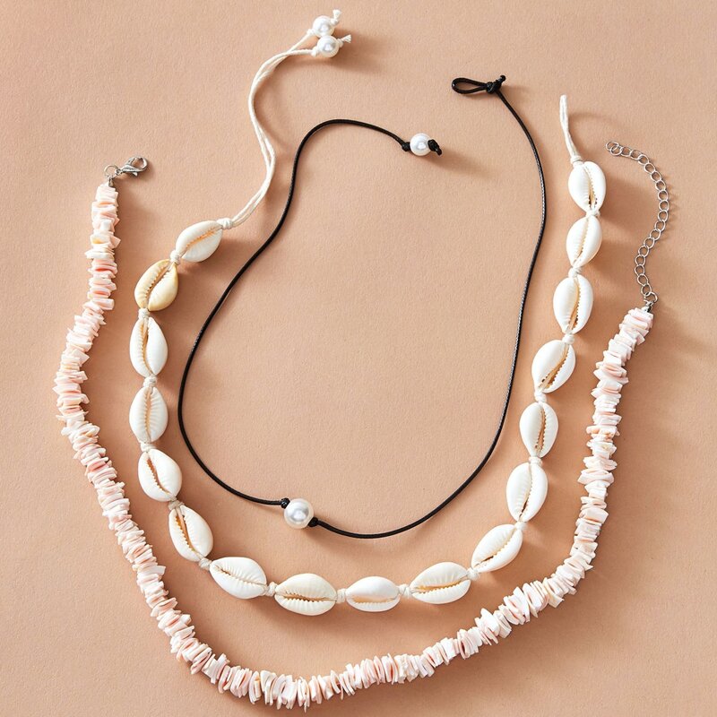 

3pcs Shell & Faux Pearl Choker, Multicolor