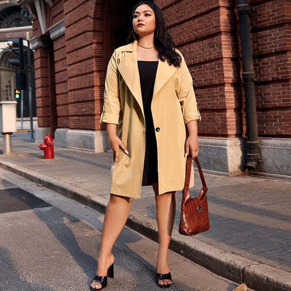 

Plus Single Button Roll-up Sleeve Trench Coat, Apricot