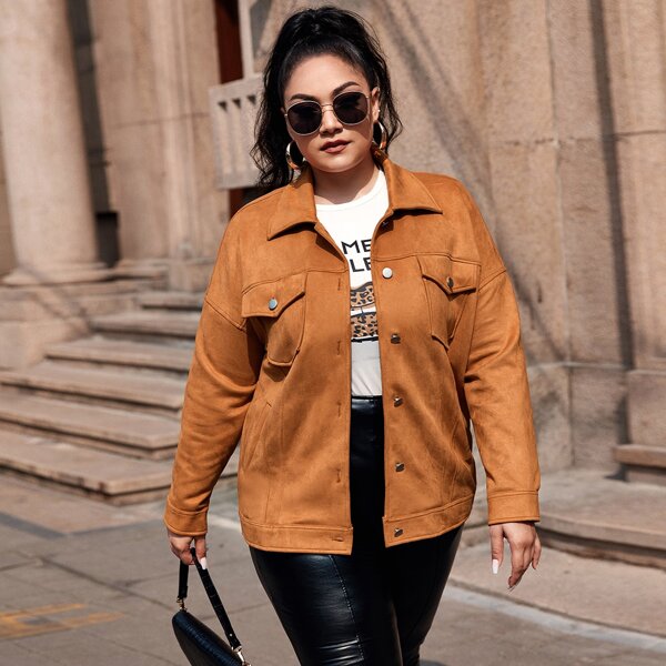 

Plus Flap Pocket Solid Suede Jacket, Brown