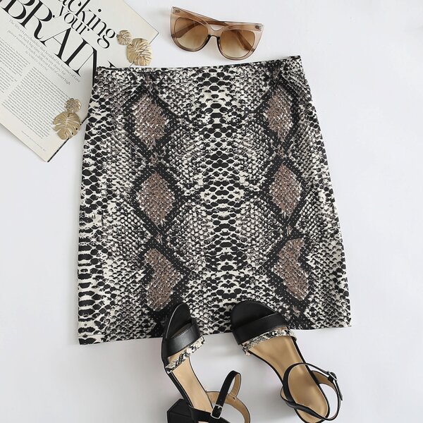 

Plus Snakeskin Print Skirt, Multicolor