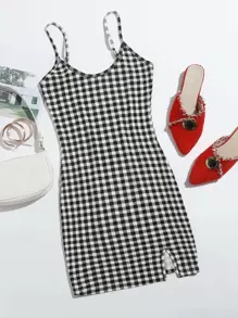 SHEIN EZwear Split Hem Gingham Bodycon Dress - Black and White - View 1