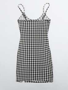 SHEIN EZwear Split Hem Gingham Bodycon Dress - Black and White - View 2