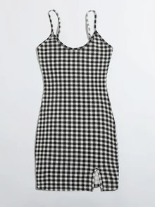 SHEIN EZwear Split Hem Gingham Bodycon Dress - Black and White - View 3