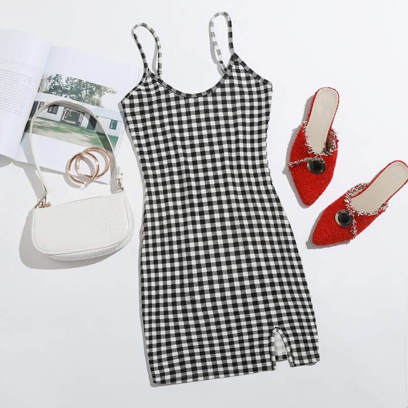 

Split Hem Gingham Bodycon Dress, Black and white