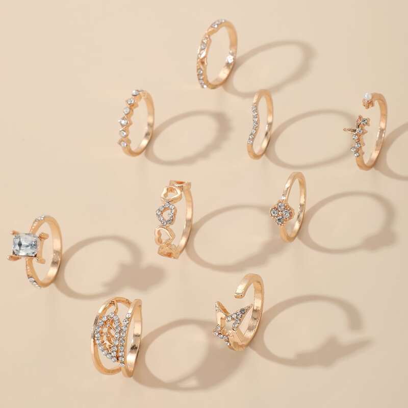

9pcs Rhinestone Ring, Gold