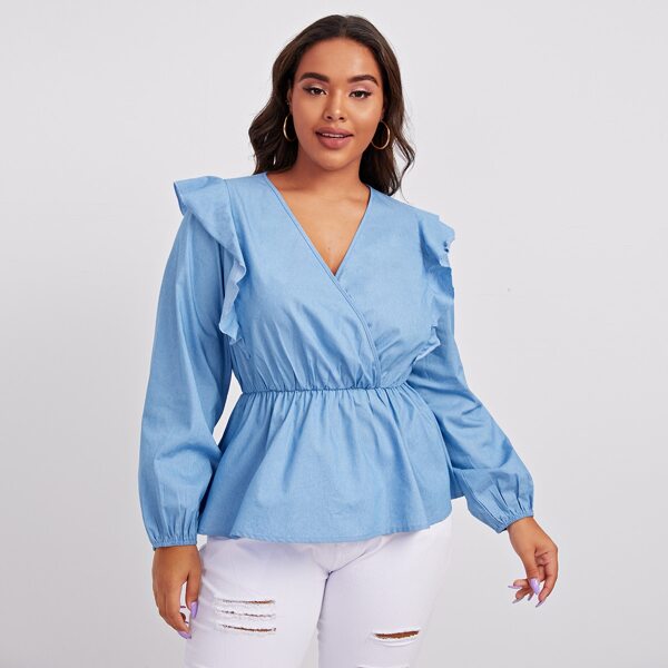 

Plus Solid Ruffle Trim Peplum Denim Top, Medium wash