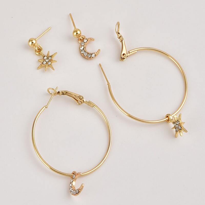 

4pcs Rhinestone Star & Moon Earrings, Gold