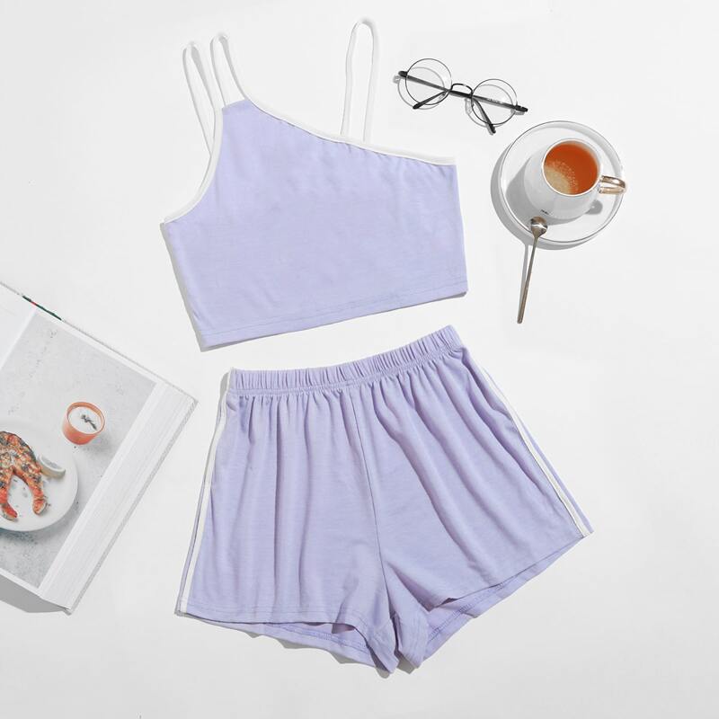 

Asymmetrical Neck Top & Shorts PJ Set, Pastel lilac purple