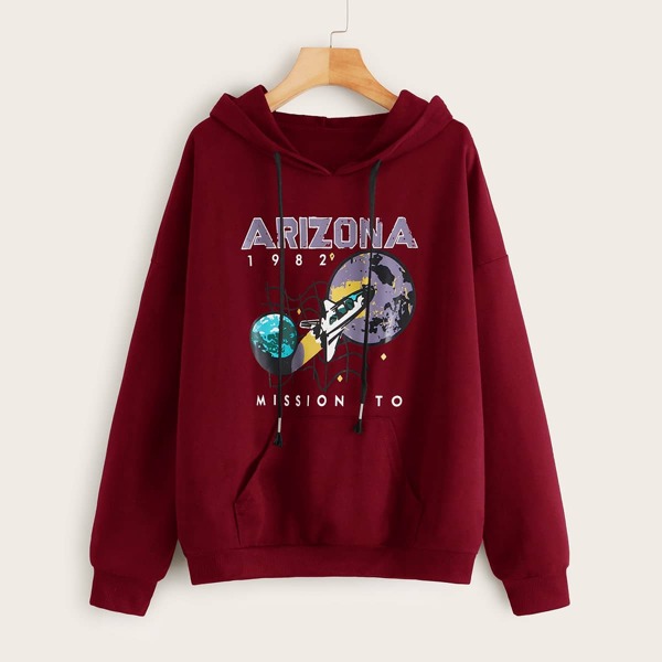 

Letter And Graphic Print Kangaroo Pocket Hoodie, Burgundy