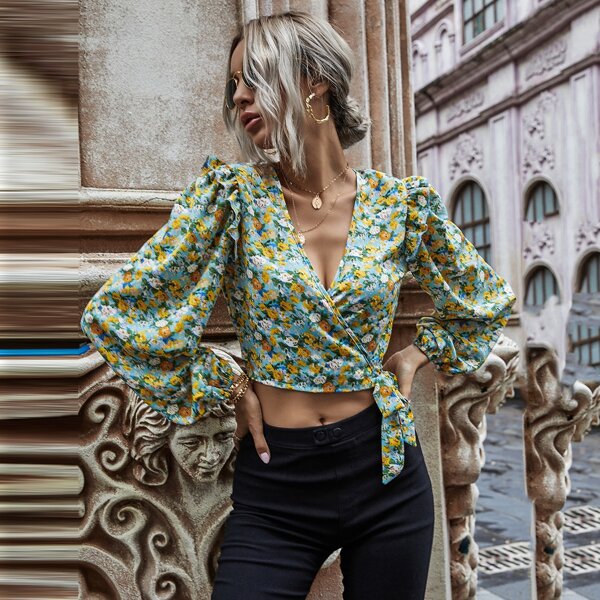 

Allover Floral Wrap Knot Crop Blouse, Multicolor