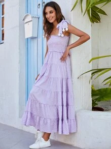 Breezaya 格紋打褶球球細節吊帶洋裝 - 紫丁香色 - 查看 3