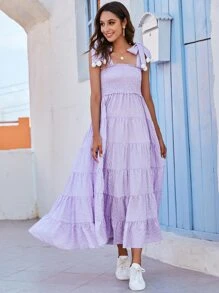 Breezaya 格紋打褶球球細節吊帶洋裝 - 紫丁香色 - 查看 4