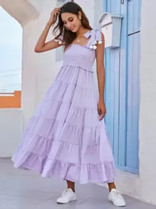 Breezaya 格紋打褶球球細節吊帶洋裝 - 紫丁香色 - 查看 5